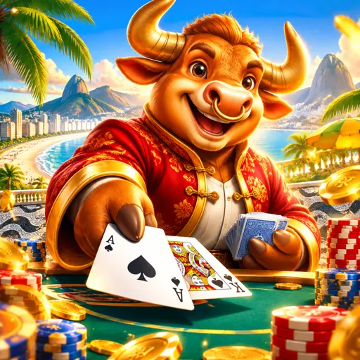 Card do Fortune Ox com o touro dourado e moedas da sorte