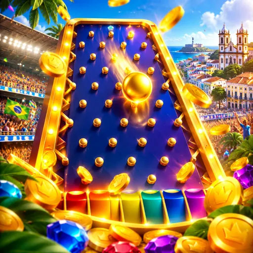 Card do jogo Plinko com bolinha descendo pela pirâmide de multiplicadores