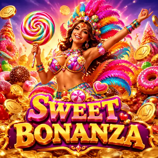 Card do Sweet Bonanza com doces coloridos e bombas de multiplicador